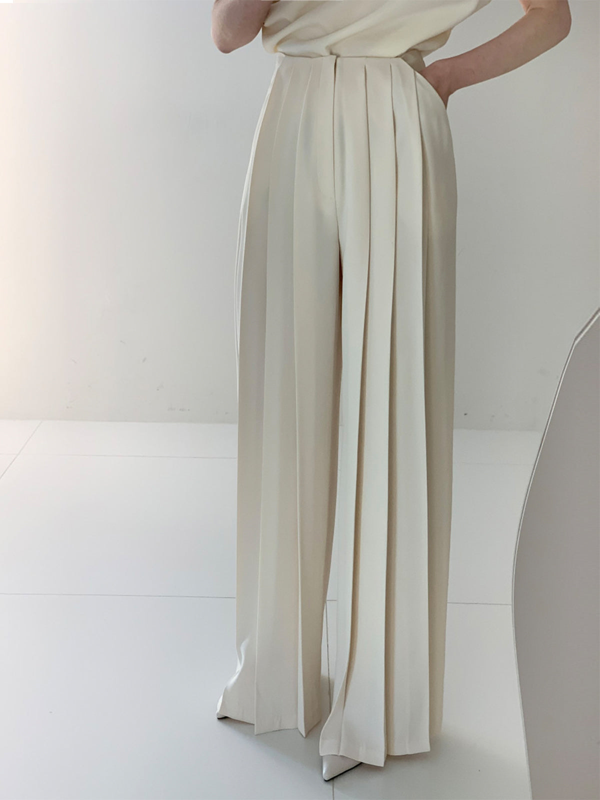 Women's Pleated Pants with Vertical Front Pleats and Ankle Length, Woven Fabric
