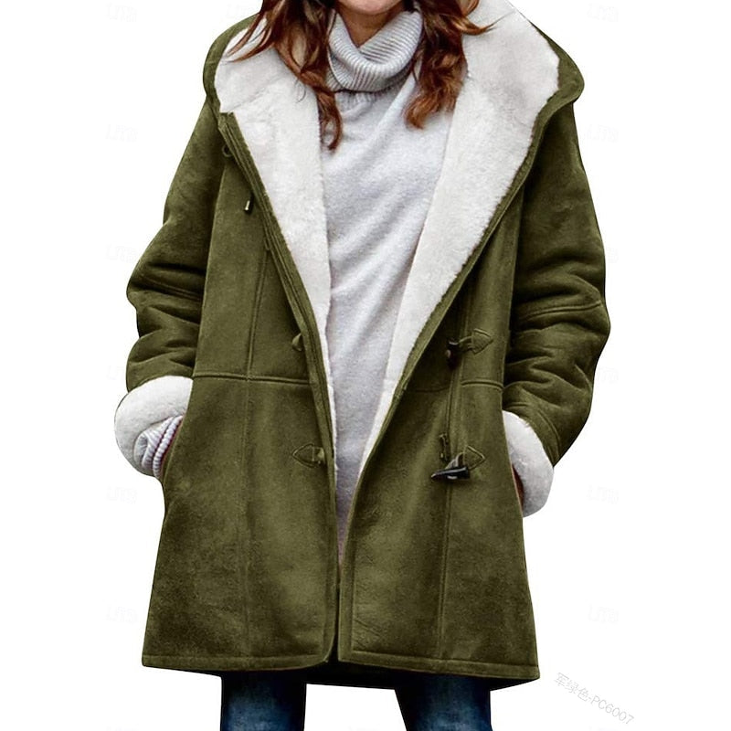Button Front Winter Coat with Attached Hood and Insulated Fabric, Hip Length