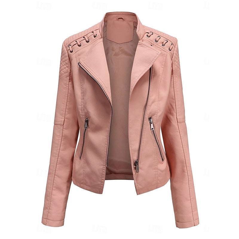 Biker Jacket with Front Zip and Tailored Fit for Fall Winter