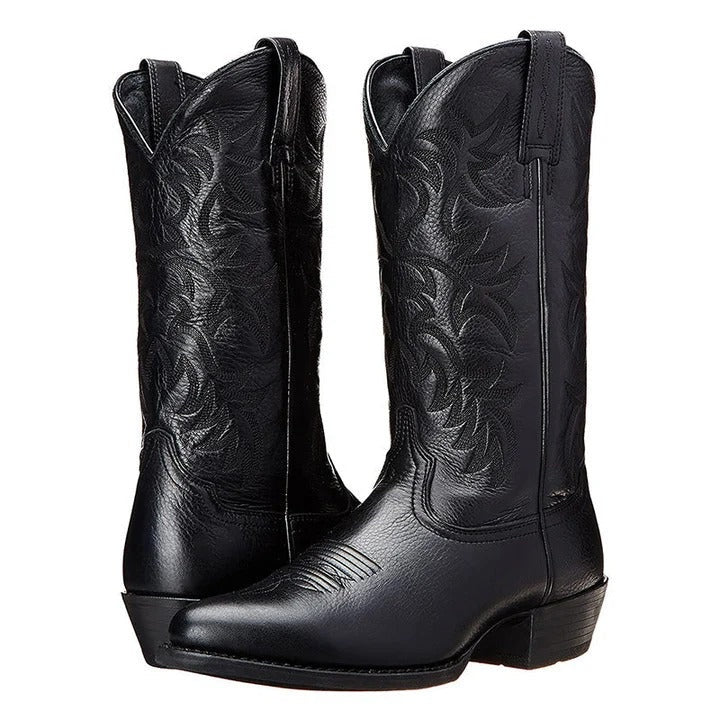 Mid Calf Cowboy Boots with Pointed Toe and Rubber Sole, Decorative Stitching