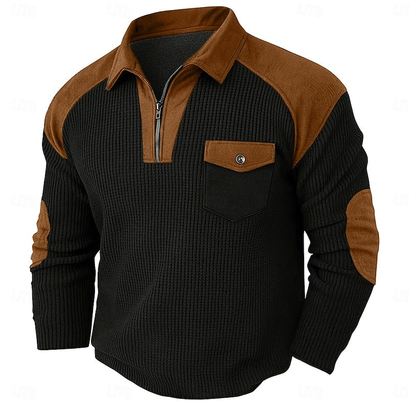 Textured Quarter Zip Pullover with Elbow Patches and Chest Pocket, Ribbed Cuffs