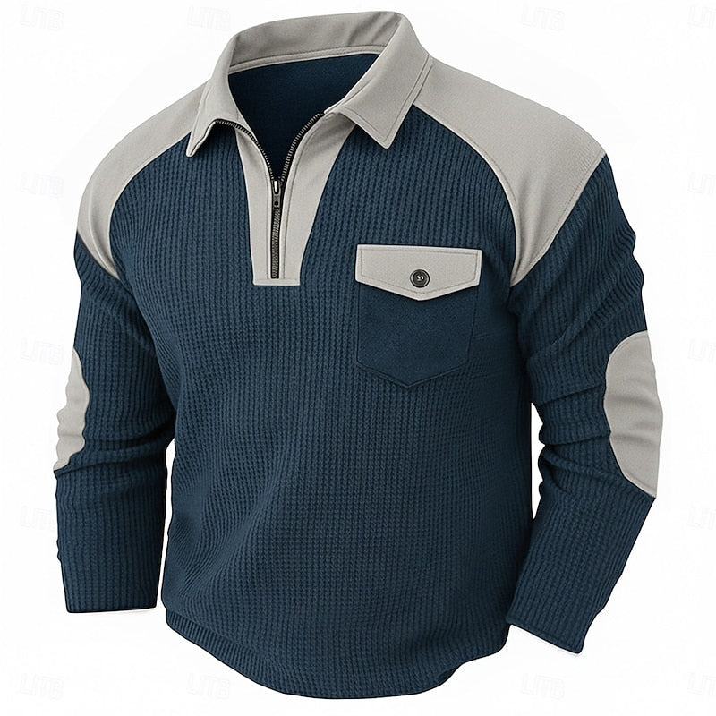 Textured Quarter Zip Pullover with Elbow Patches and Chest Pocket, Ribbed Cuffs