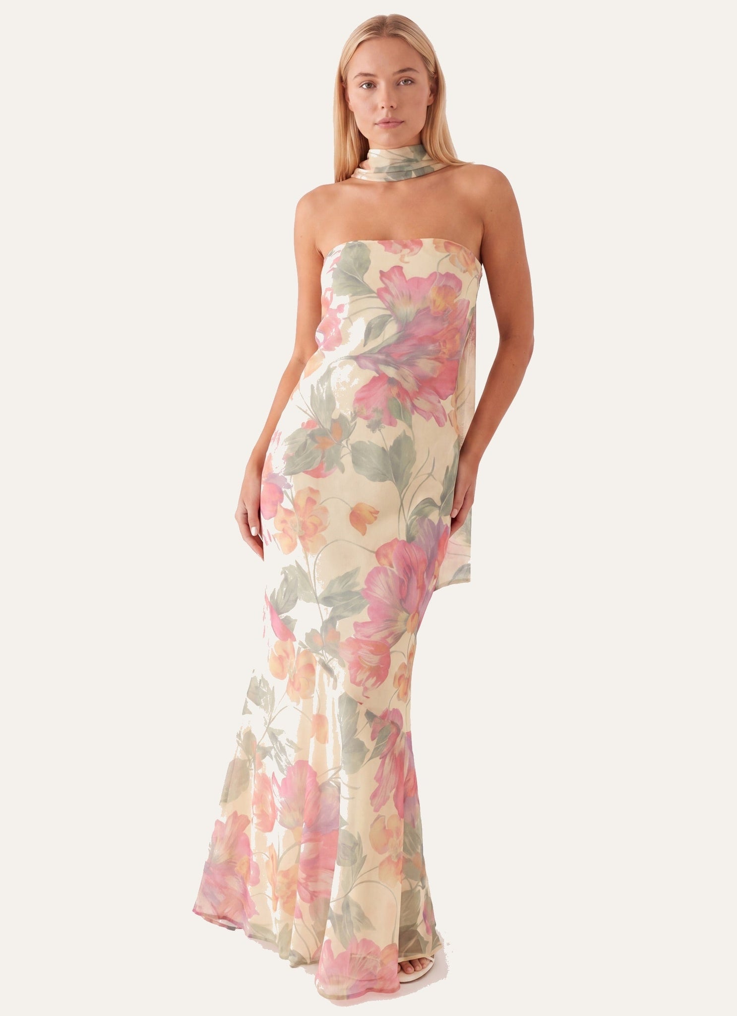 Women's Strapless Halter Choker Floral Print Bodycon Maxi Dress, Beige / S