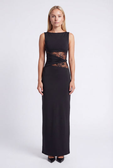 Women's Sleeveless Lace Mesh Waist Bodycon Maxi Dress