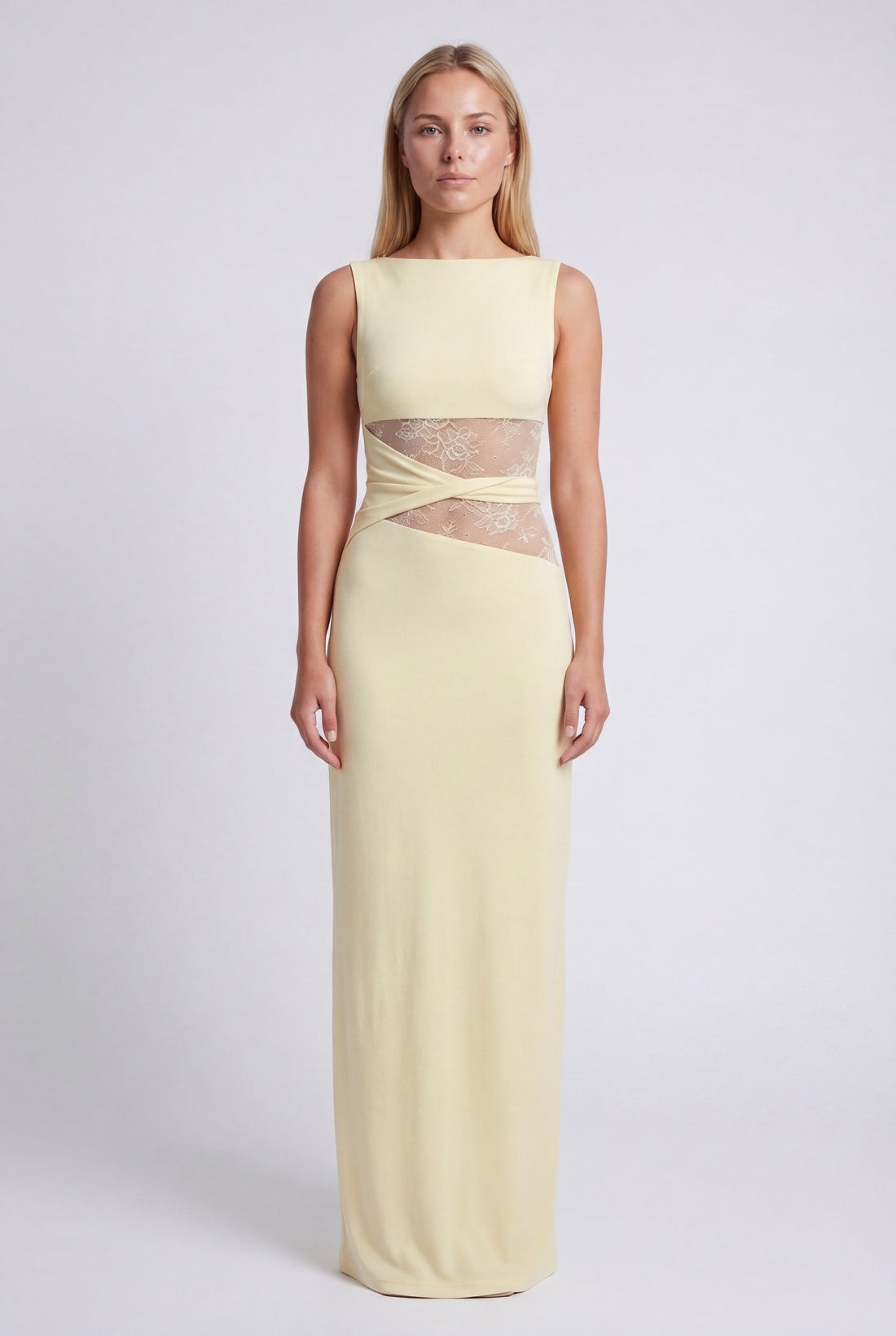 Women's Sleeveless Lace Mesh Waist Bodycon Maxi Dress