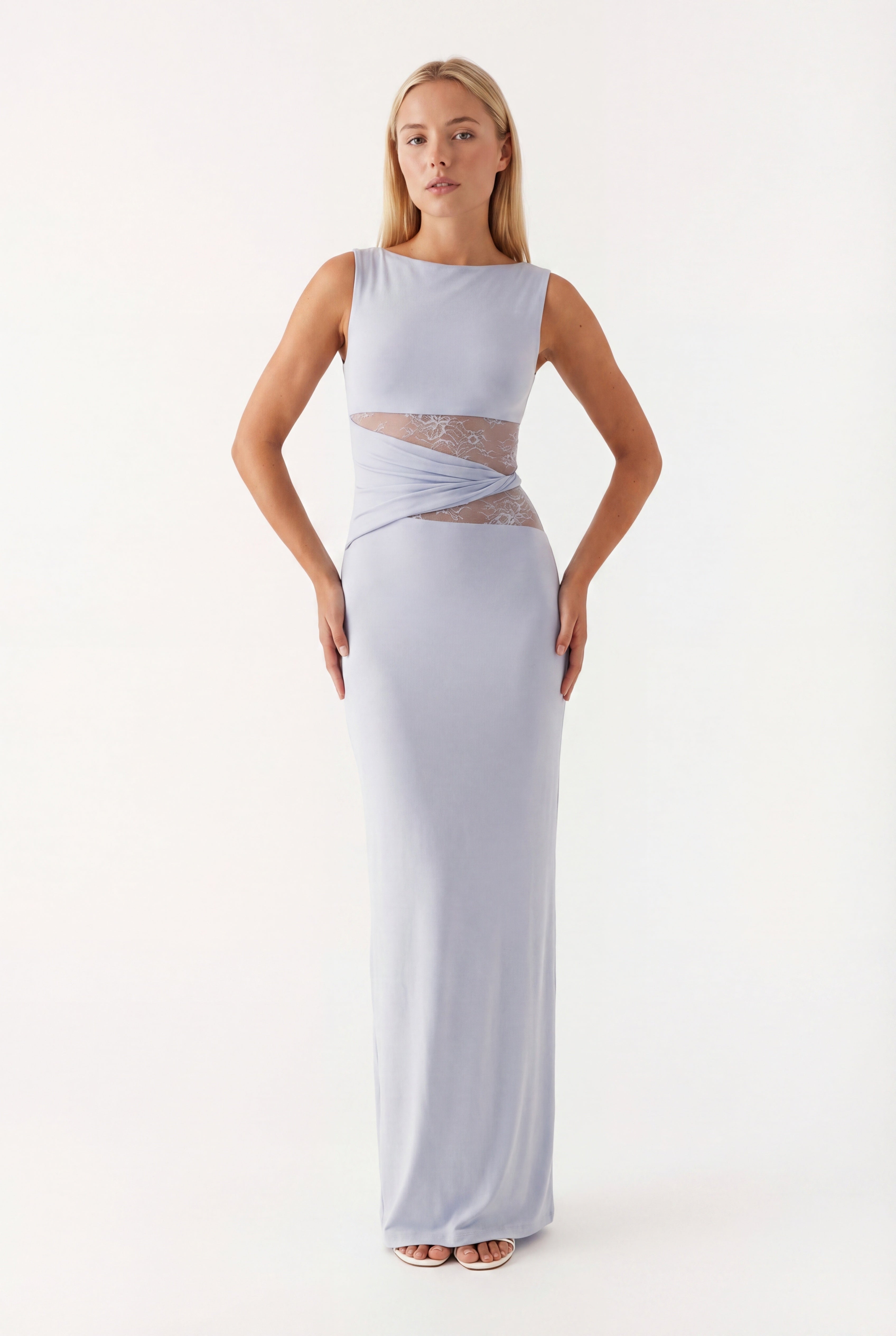 Women's Sleeveless Lace Mesh Waist Bodycon Maxi Dress