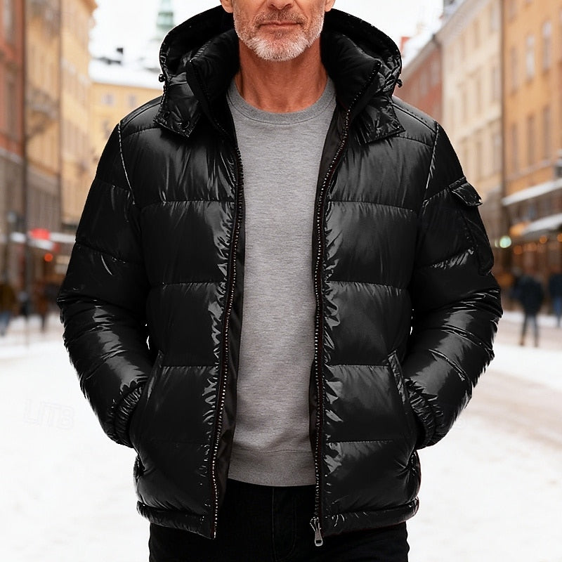 Quilted Hooded Jacket with Padded Insulation and Zip Pockets, Elastic Cuffs