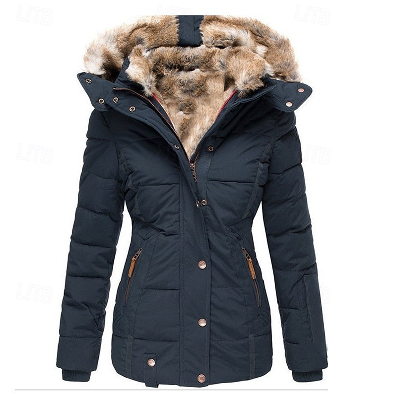 Hooded Winter Jacket with Padded Insulation and Detachable Fur-Trimmed Hood, Zip-Button Closure