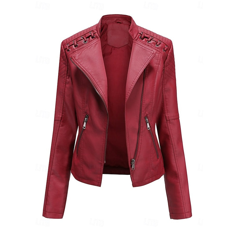Biker Jacket with Front Zip and Tailored Fit for Fall Winter