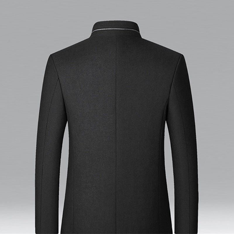 Men's Overcoat with Insulated Lining and Stand Collar, Mid-Thigh Length