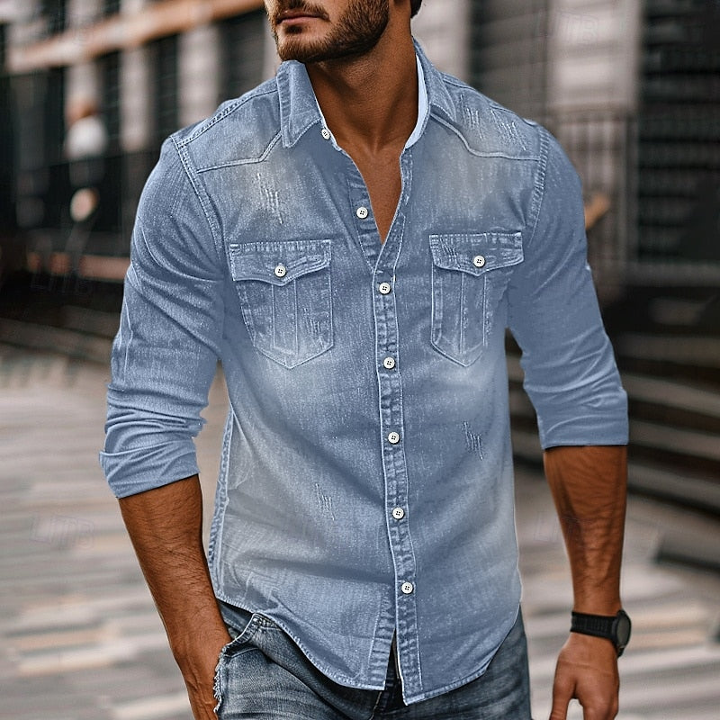 Relaxed Fit Collared Shirt with Pointed Collar and Adjustable Button Cuffs