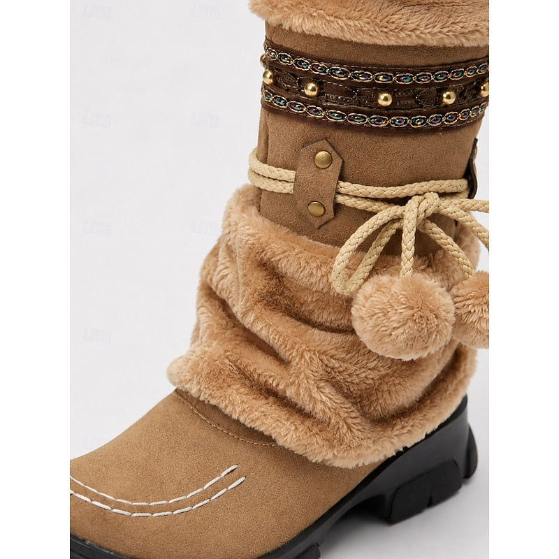 Slip On Mid Calf Boots with Faux Fur Cuff and Braided Pom Pom Trim