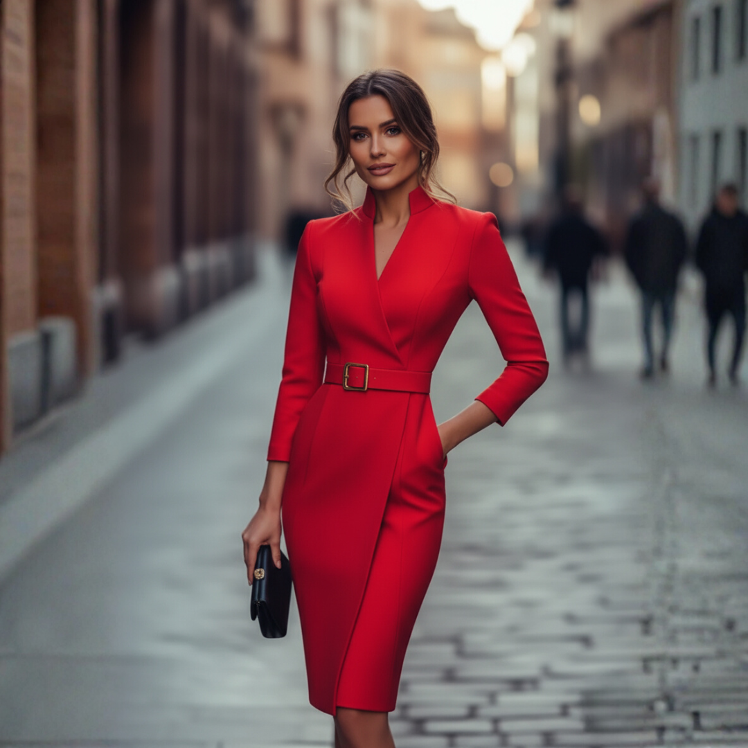 Women's Long Sleeve Wrap Front Belted Midi Dress - V-Neck