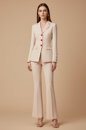 Women's Two Piece Suit Set - Single Breasted Blazer with Red Button Detail and Straight Leg Pants