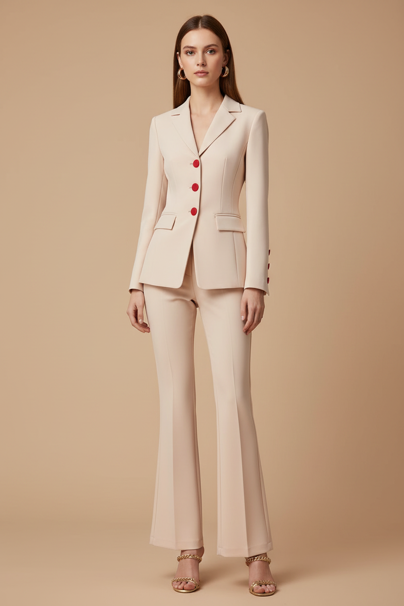 Women's Two Piece Suit Set - Single Breasted Blazer with Red Button Detail and Straight Leg Pants