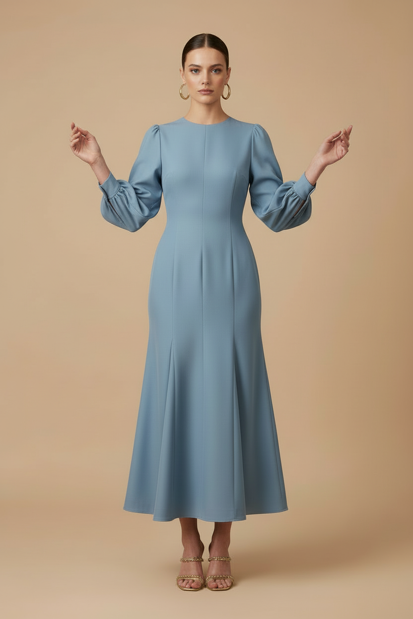 Women’s Blue Maxi Dress with Round Neck and Long Puff Sleeves Fitted Panel Design