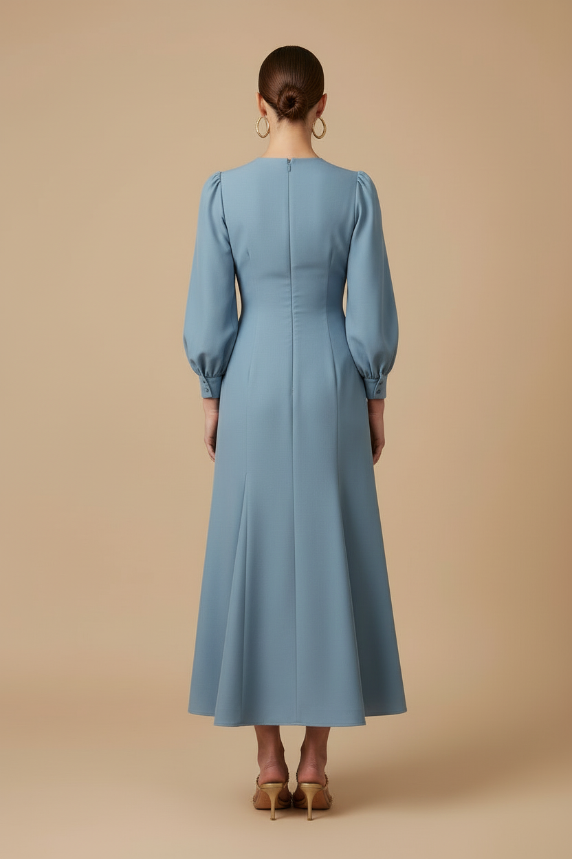 Women’s Blue Maxi Dress with Round Neck and Long Puff Sleeves Fitted Panel Design