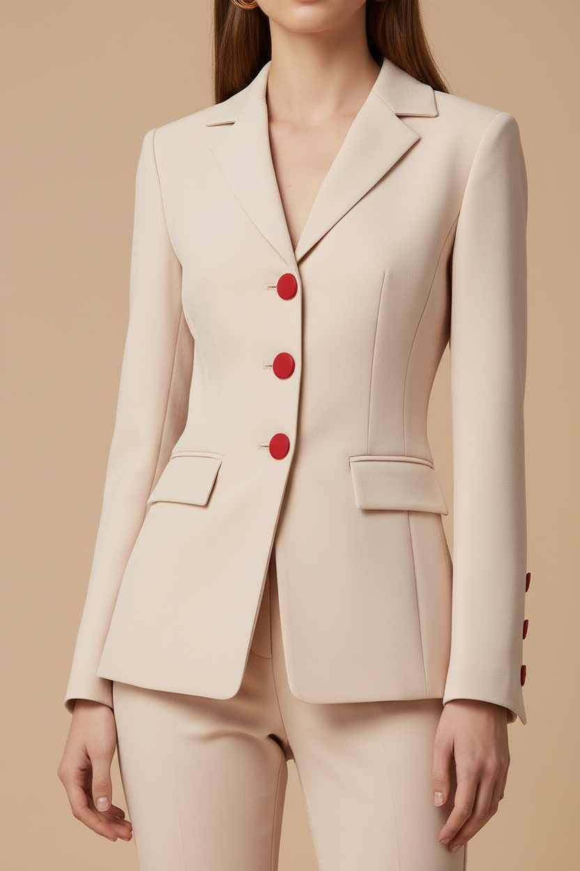Women's Two Piece Suit Set - Single Breasted Blazer with Red Button Detail and Straight Leg Pants