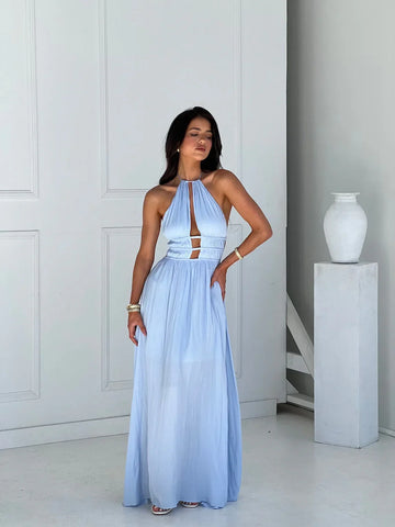 Women's Halter Neck Keyhole Cutout Open Back Lace-Up Maxi Dress