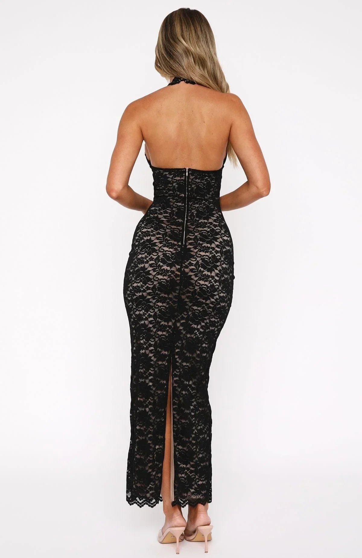 Women's Lace Halter Deep V-Neck Open Back Zip Closure Maxi Dress