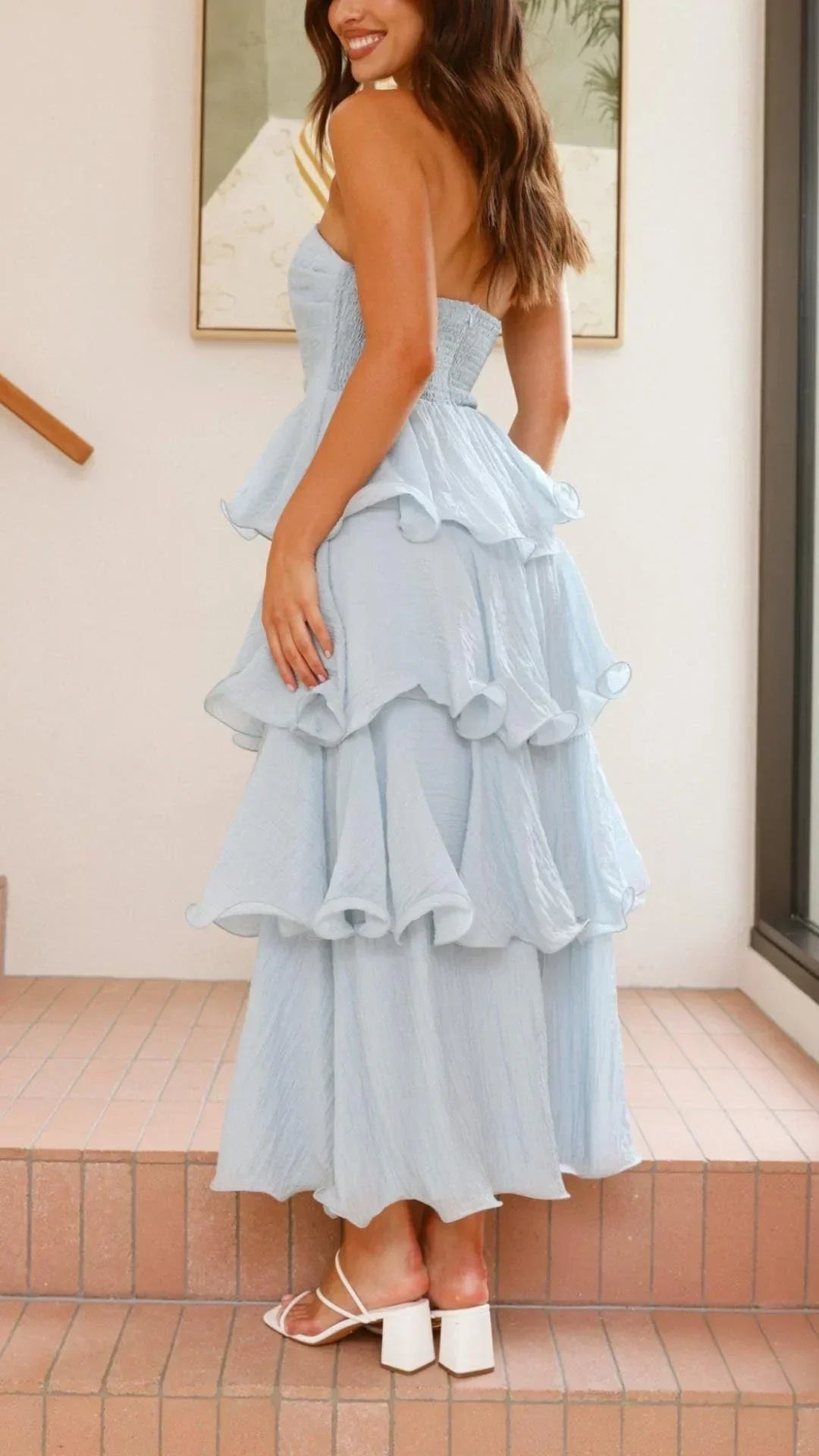 Women's Strapless Tiered Ruffle Maxi Dress