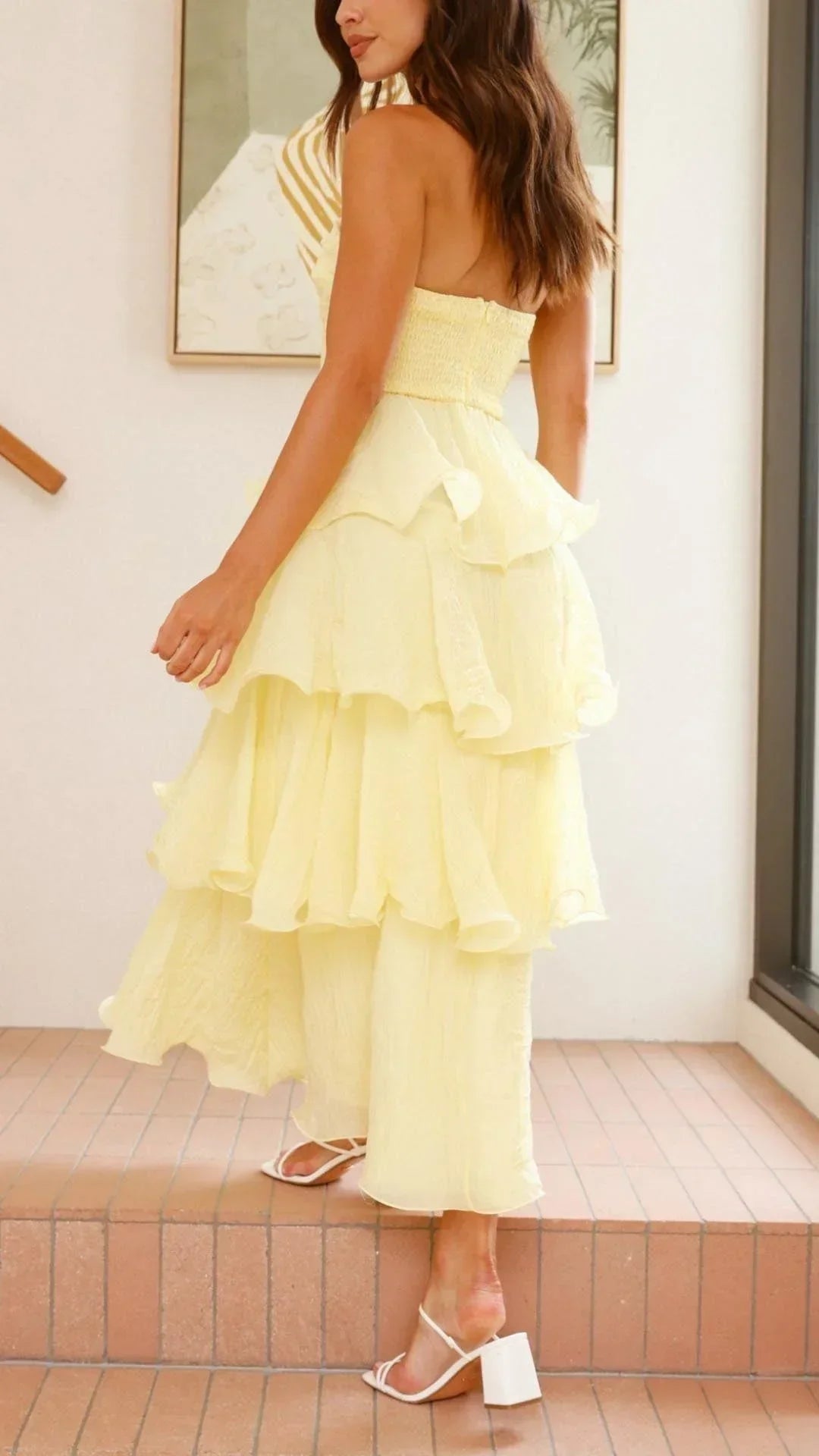 Women's Strapless Tiered Ruffle Maxi Dress