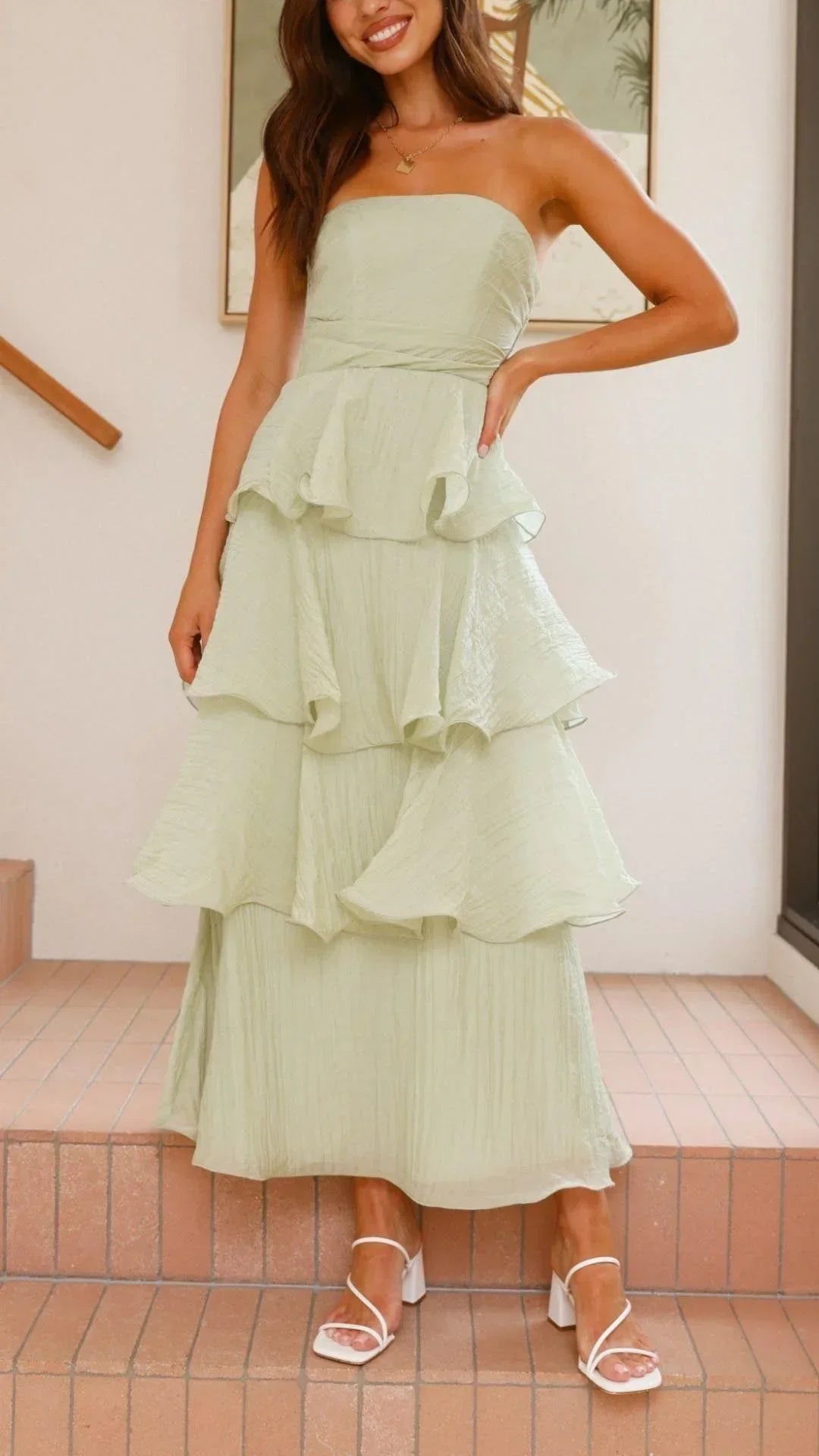Women's Strapless Tiered Ruffle Maxi Dress