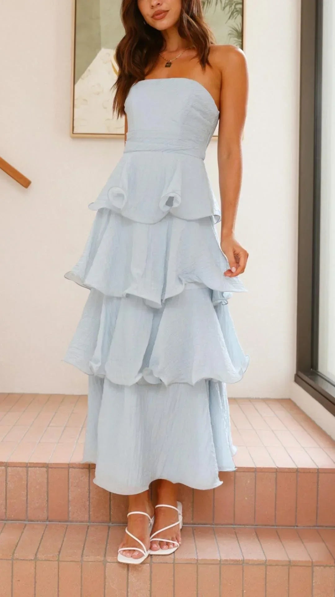 Women's Strapless Tiered Ruffle Maxi Dress