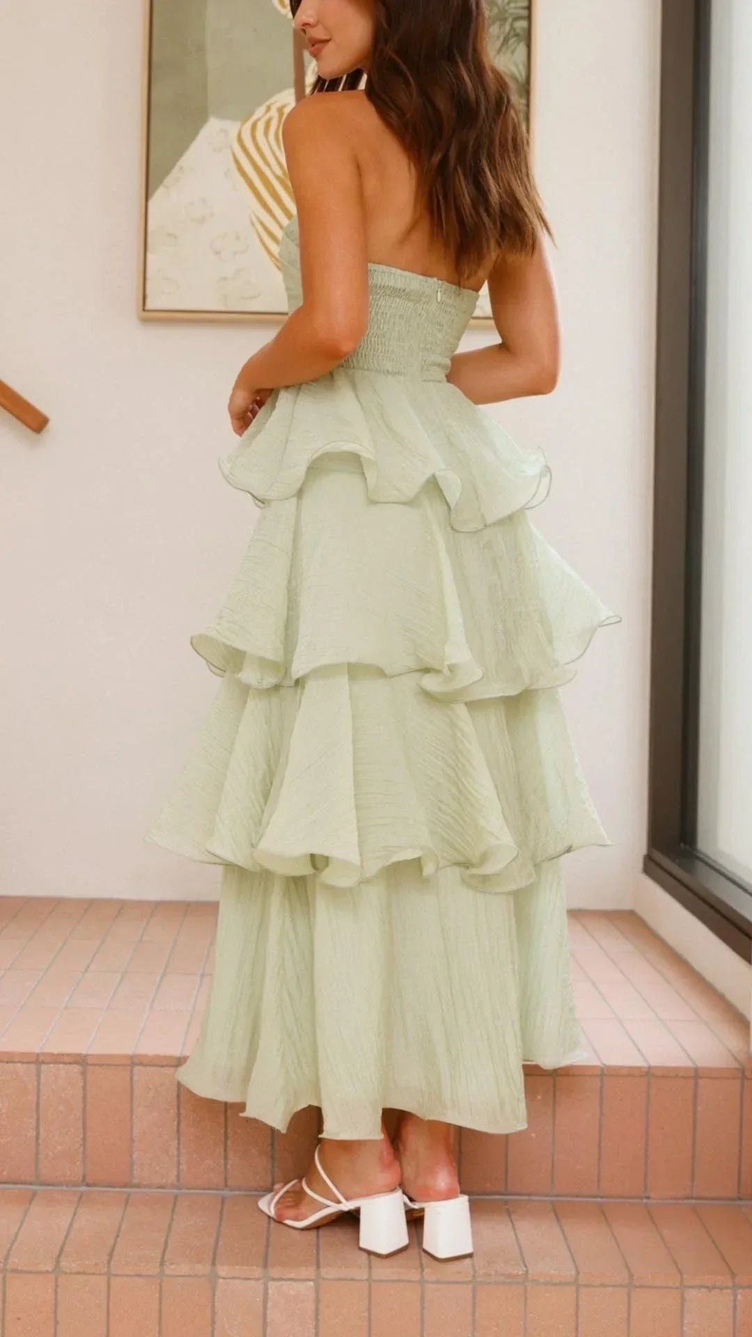 Women's Strapless Tiered Ruffle Maxi Dress