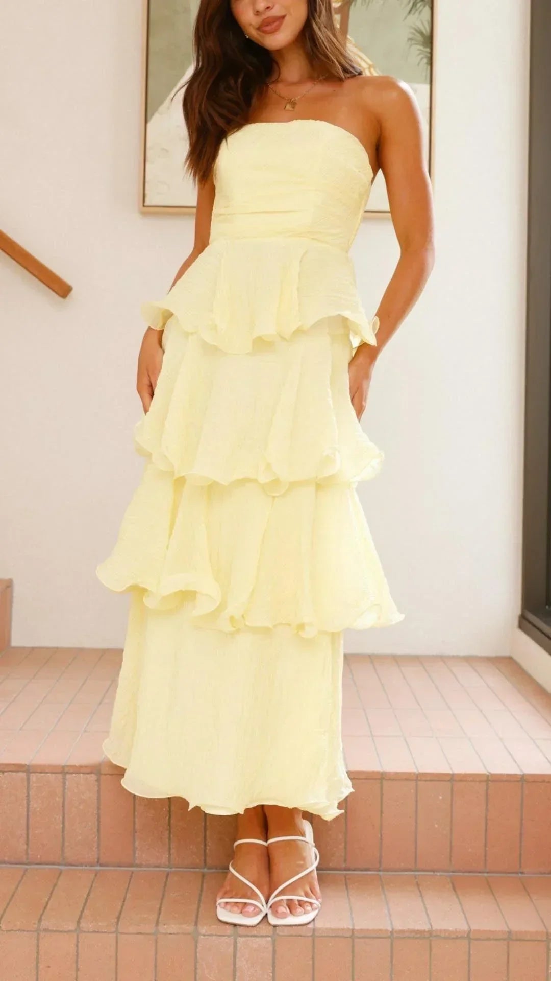 Women's Strapless Tiered Ruffle Maxi Dress