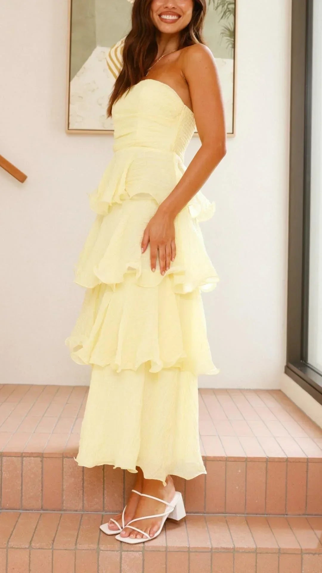 Women's Strapless Tiered Ruffle Maxi Dress