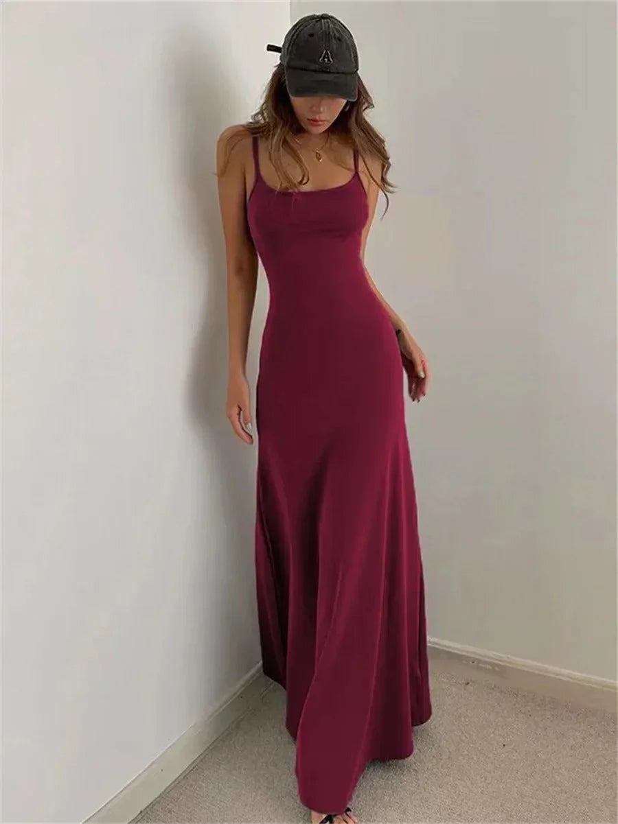 Women's Spaghetti Strap Fitted Scoop Neck Maxi Dress