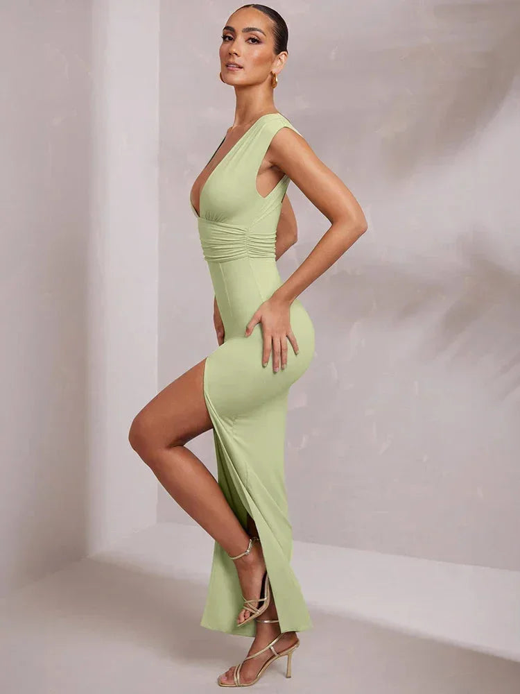Women's Sleeveless Deep V-Neck Side Slit Ruched Waist Maxi Dress