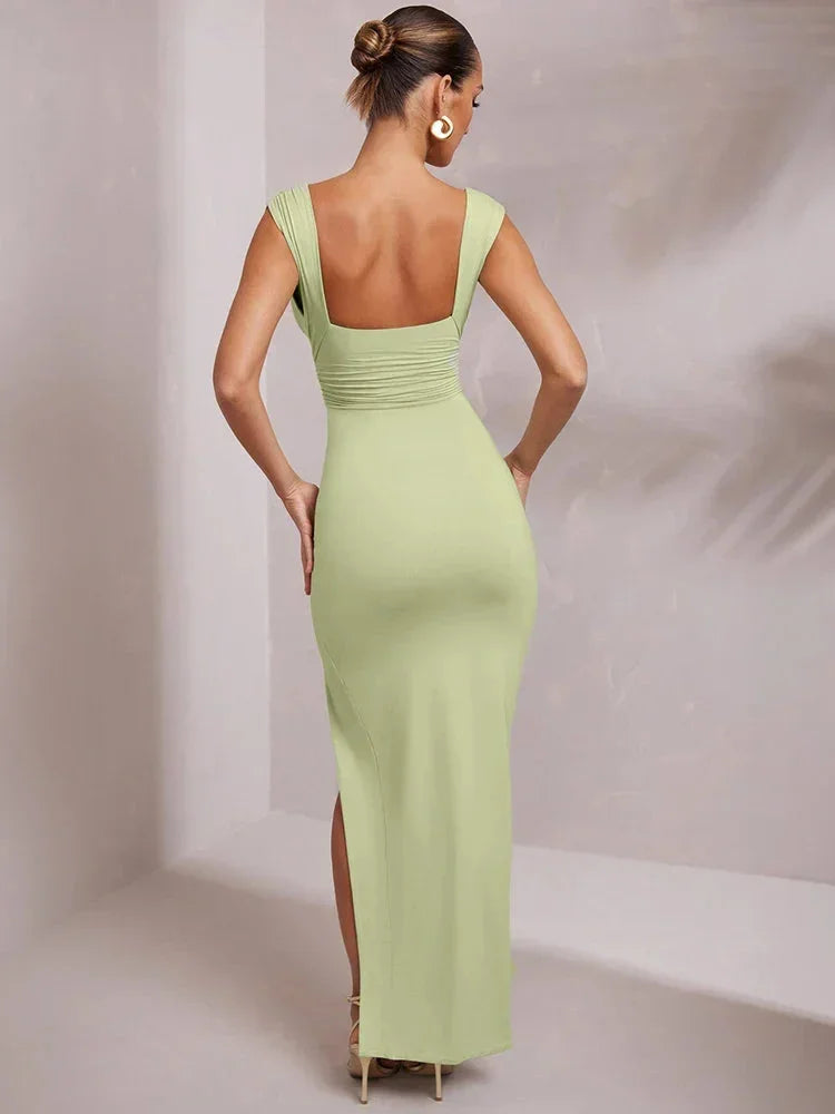 Women's Sleeveless Deep V-Neck Side Slit Ruched Waist Maxi Dress