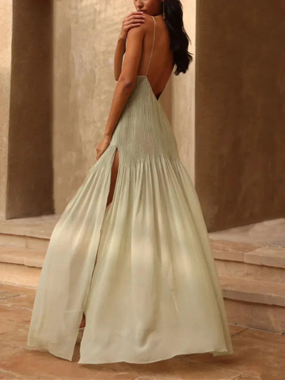 Women's Sleeveless V-Neck Smocked Tiered Maxi Dress - Side Slit