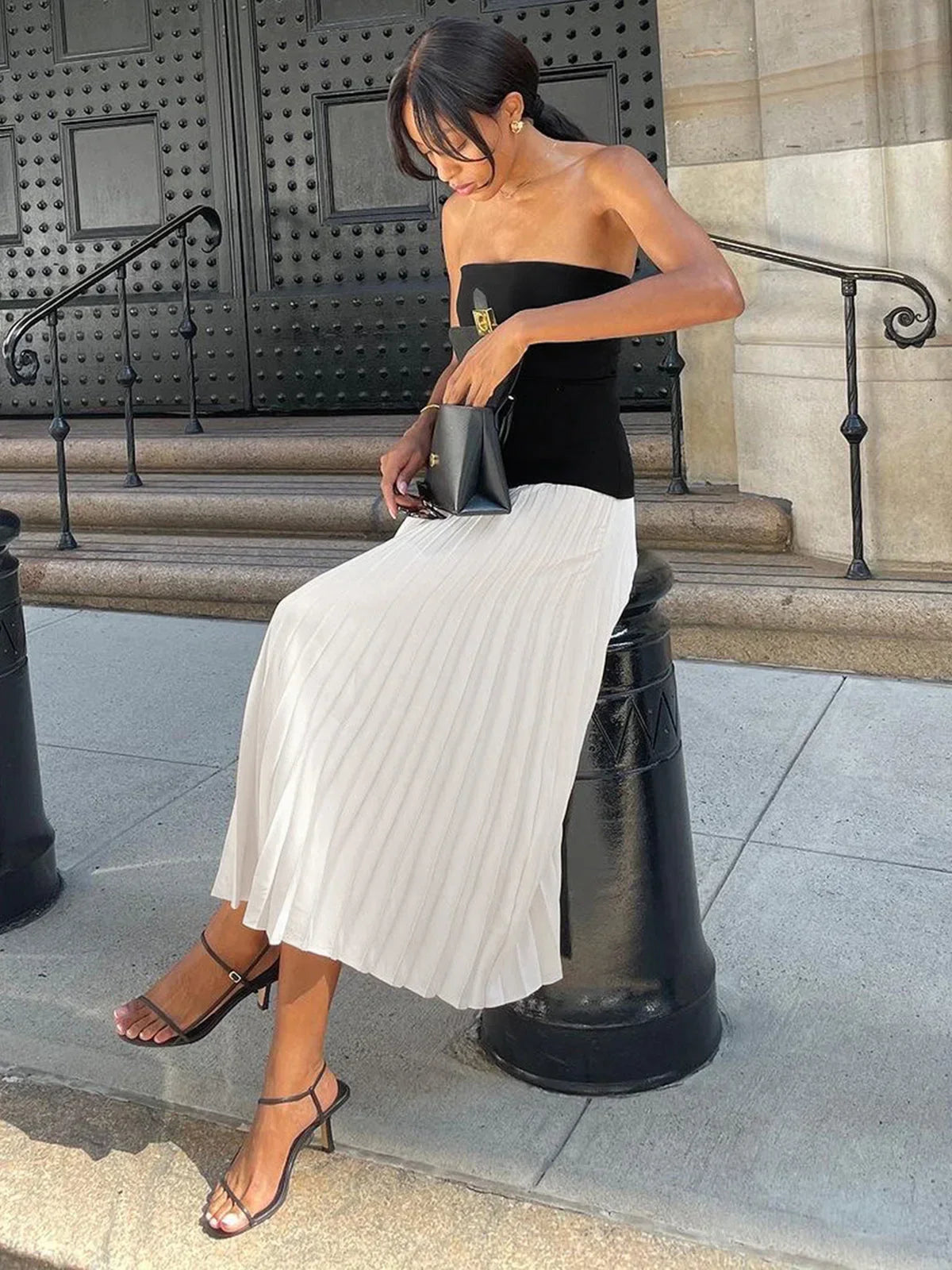 Women's Strapless Pleated Maxi Dress with Fitted Bodice