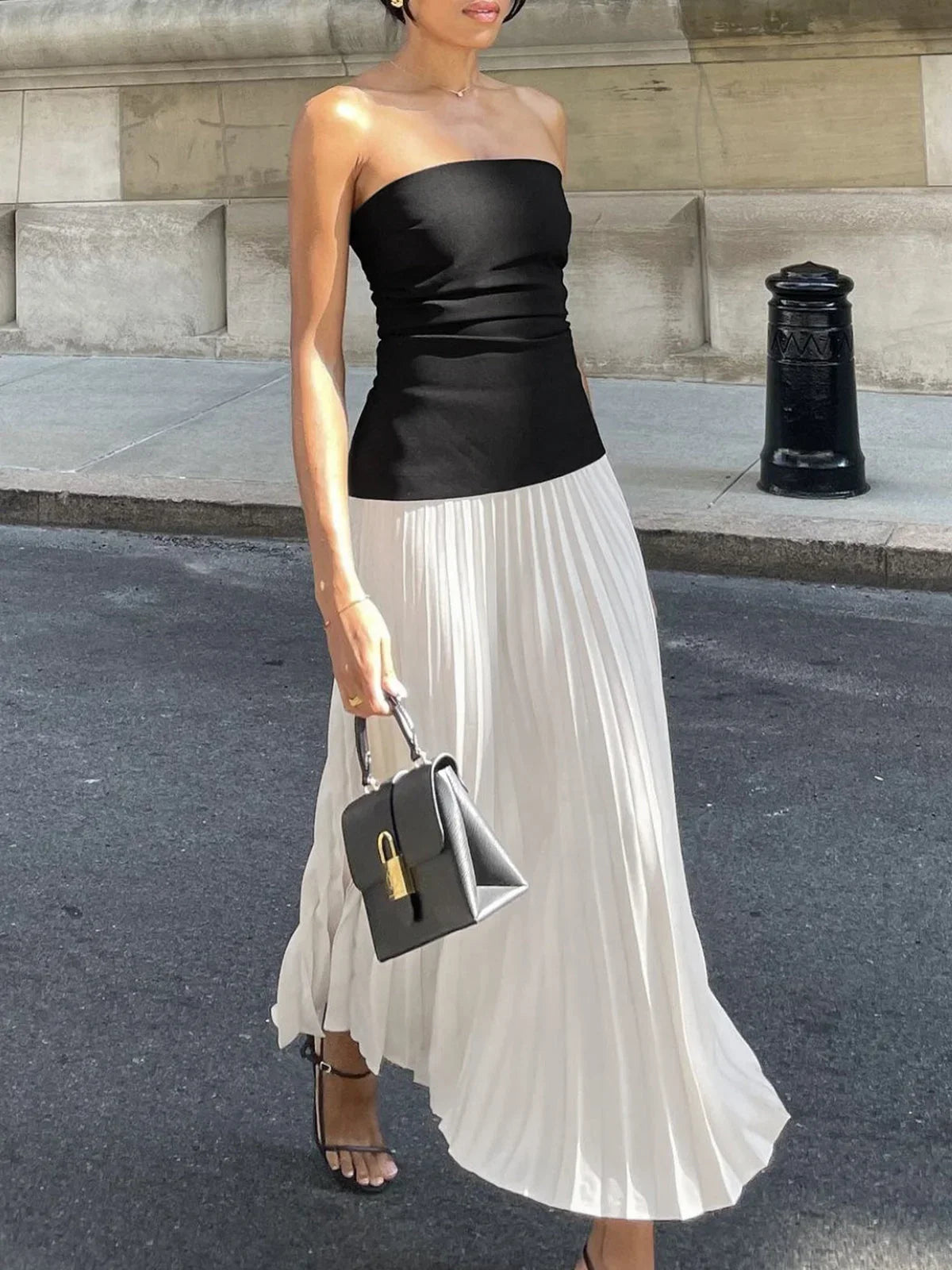 Women's Strapless Pleated Maxi Dress with Fitted Bodice