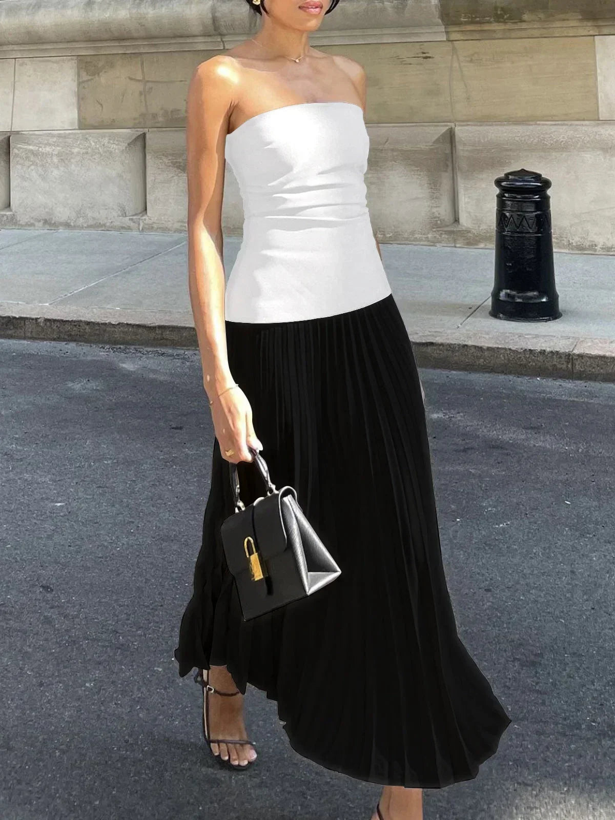 Women's Strapless Pleated Maxi Dress with Fitted Bodice