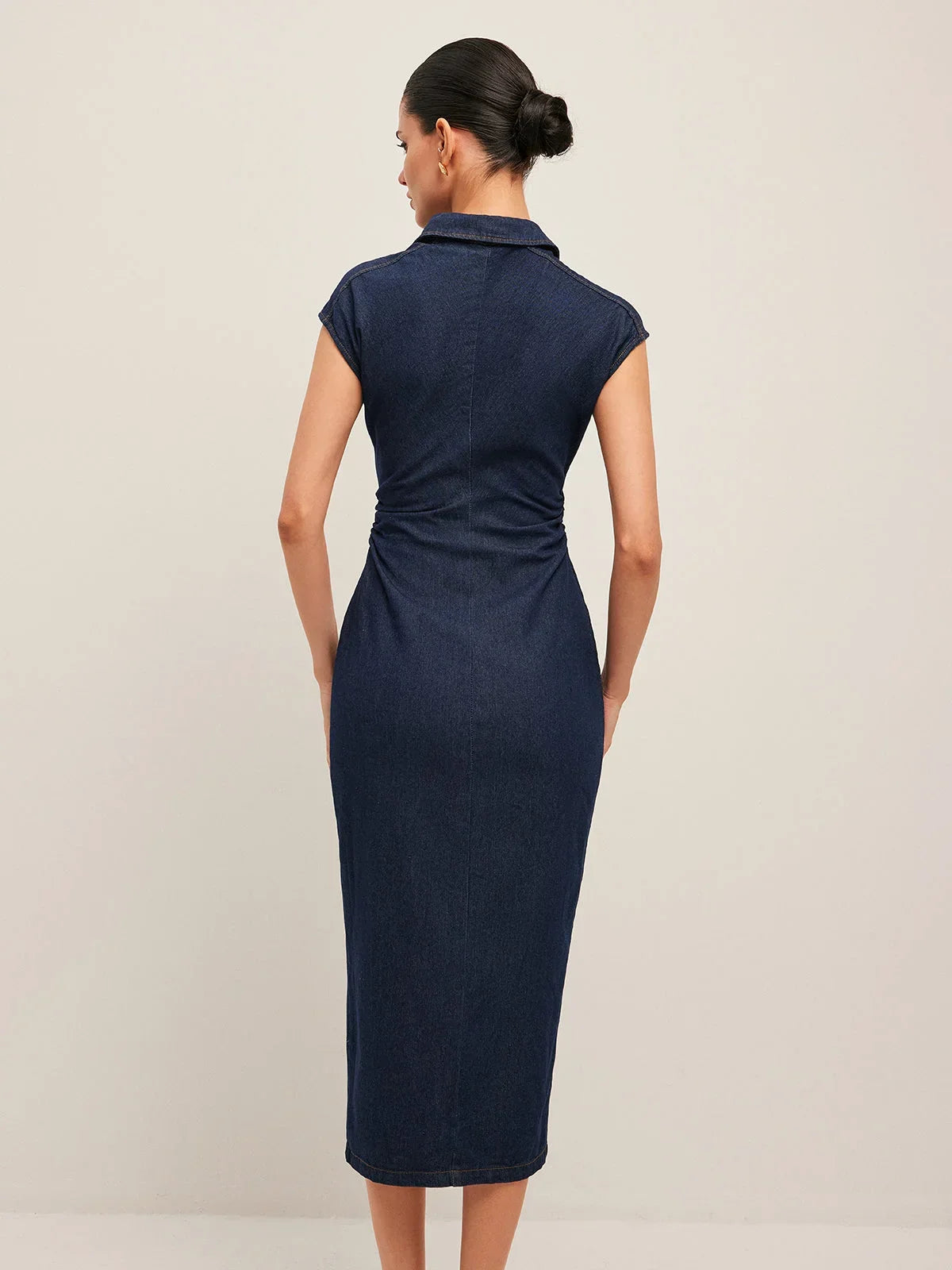 Women's Denim Cap Sleeve Button-Front Collar Midi Dress