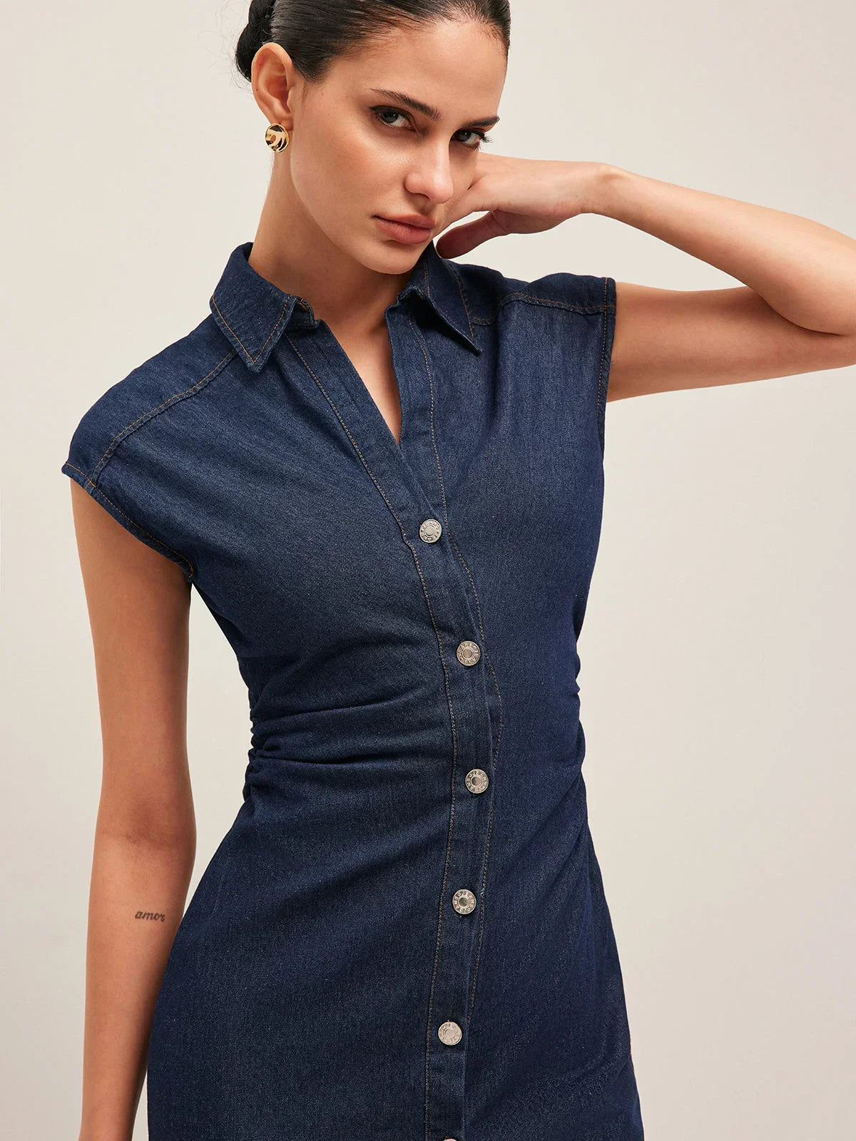 Women's Denim Cap Sleeve Button-Front Collar Midi Dress