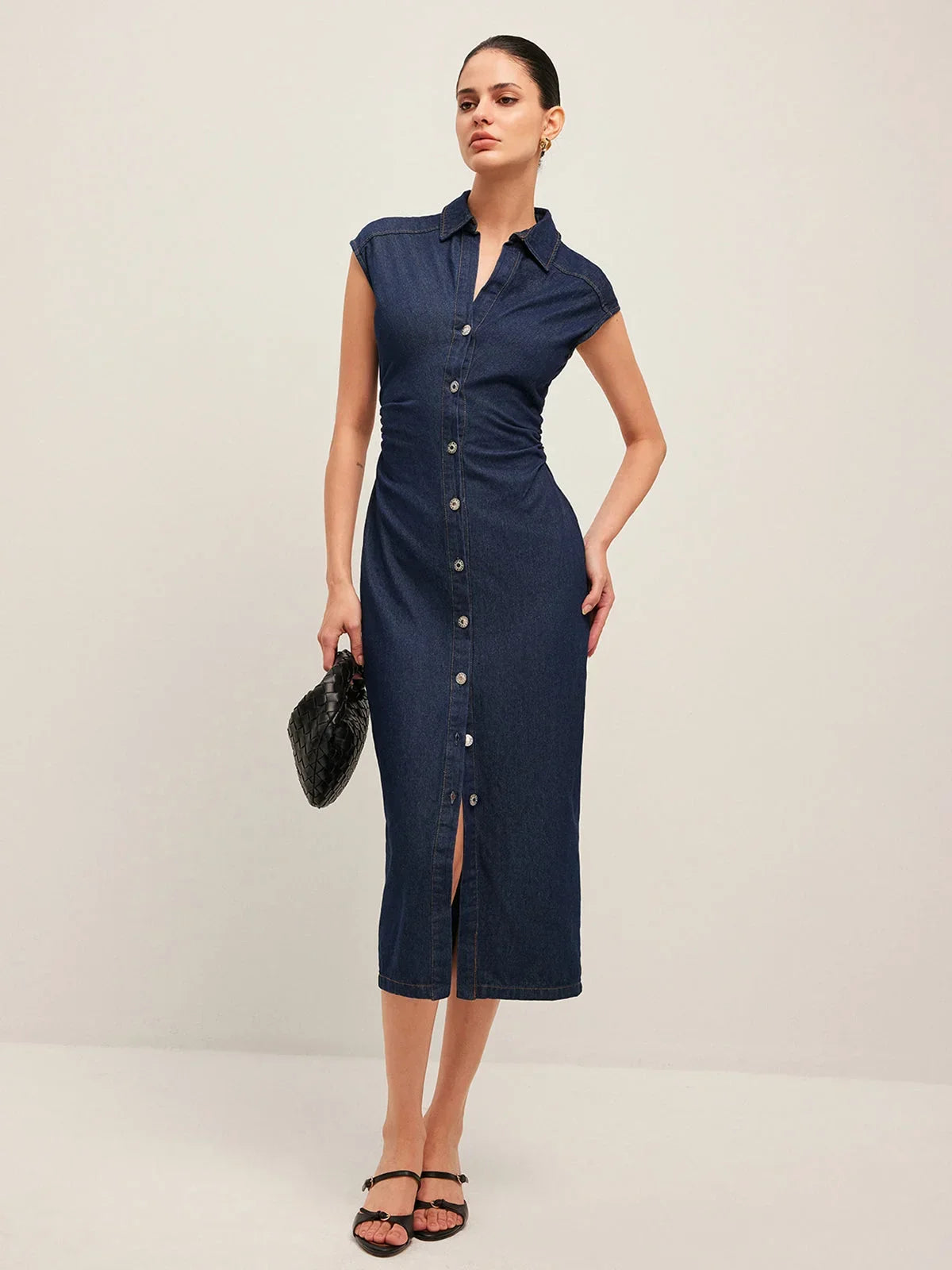 Women's Denim Cap Sleeve Button-Front Collar Midi Dress