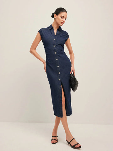 Women's Denim Cap Sleeve Button-Front Collar Midi Dress