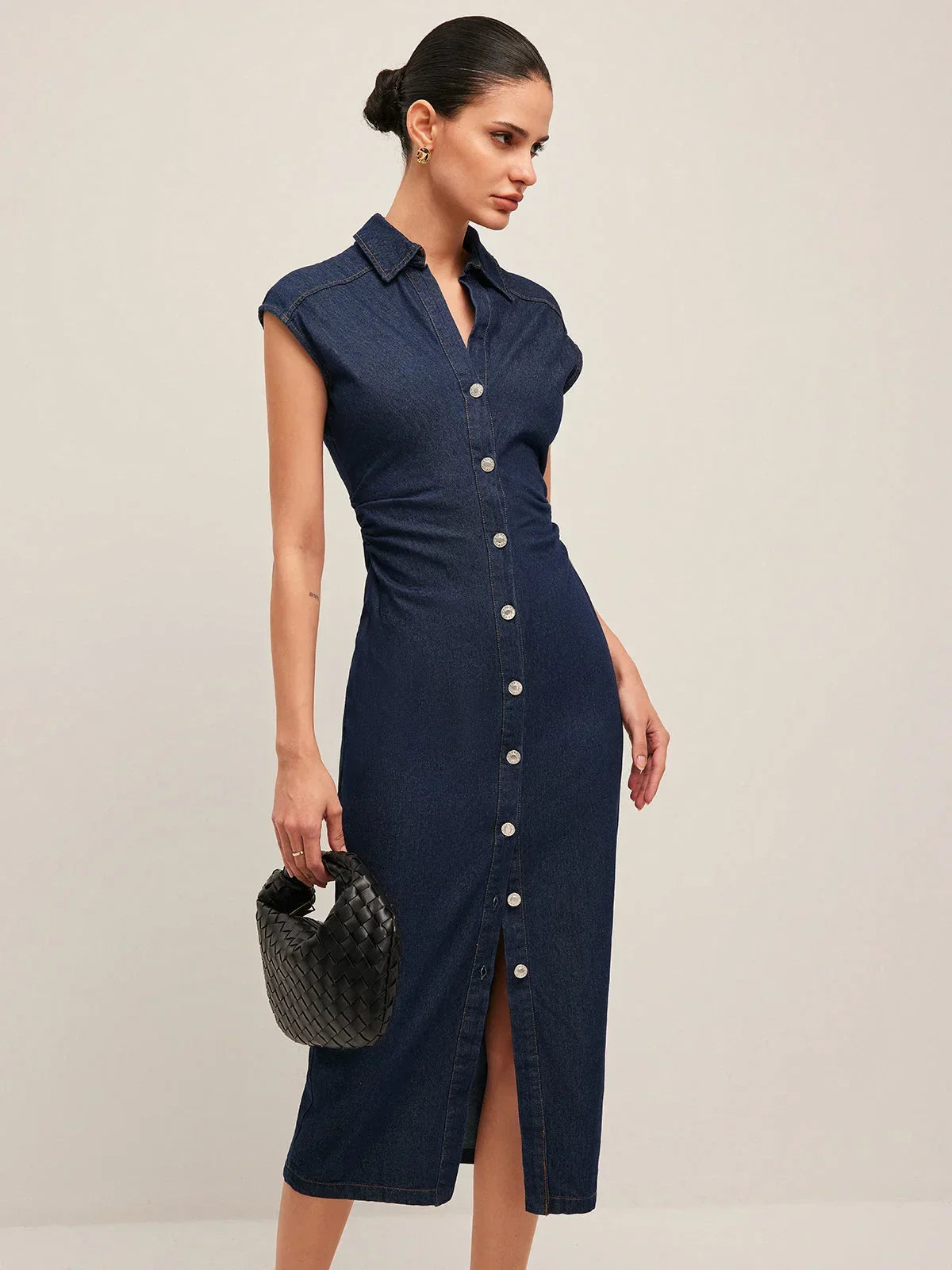 Women's Denim Cap Sleeve Button-Front Collar Midi Dress