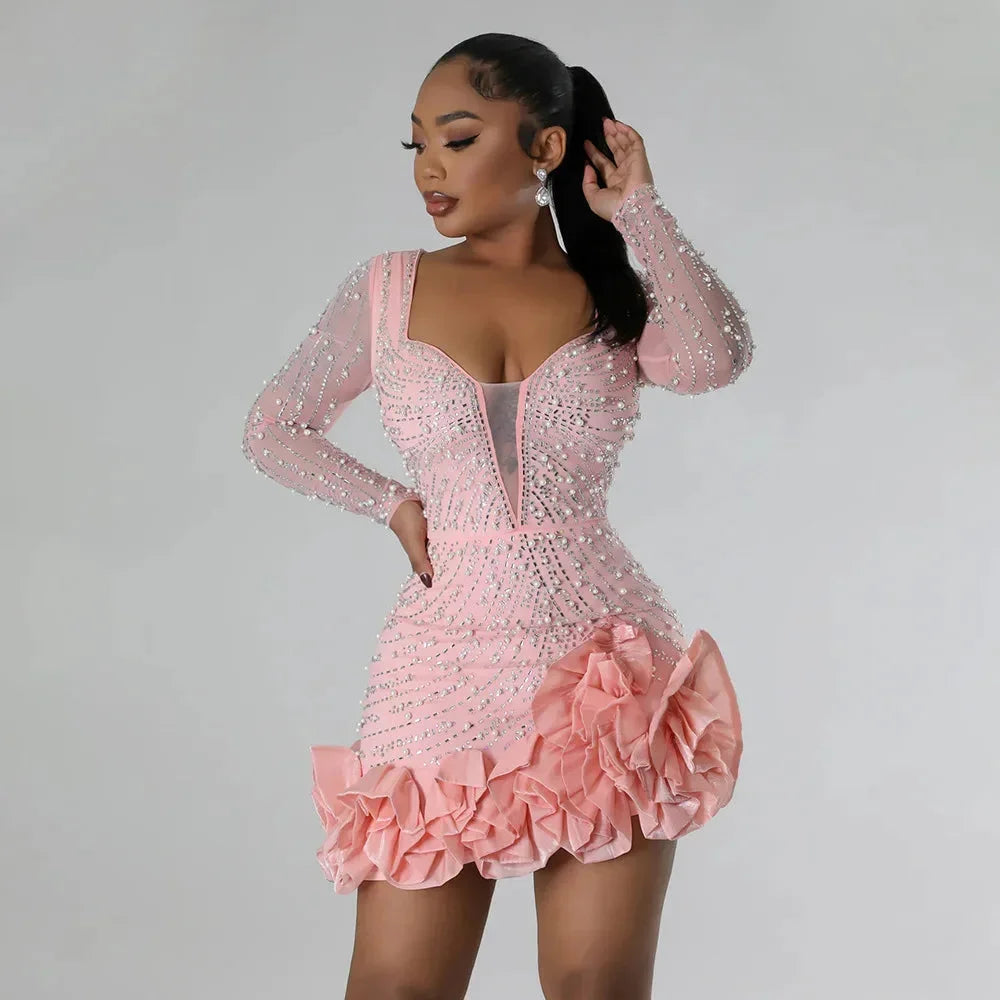 Women's Sequin Mini Dress - Long Sleeve - Deep V-Neck - Ruffle Hem