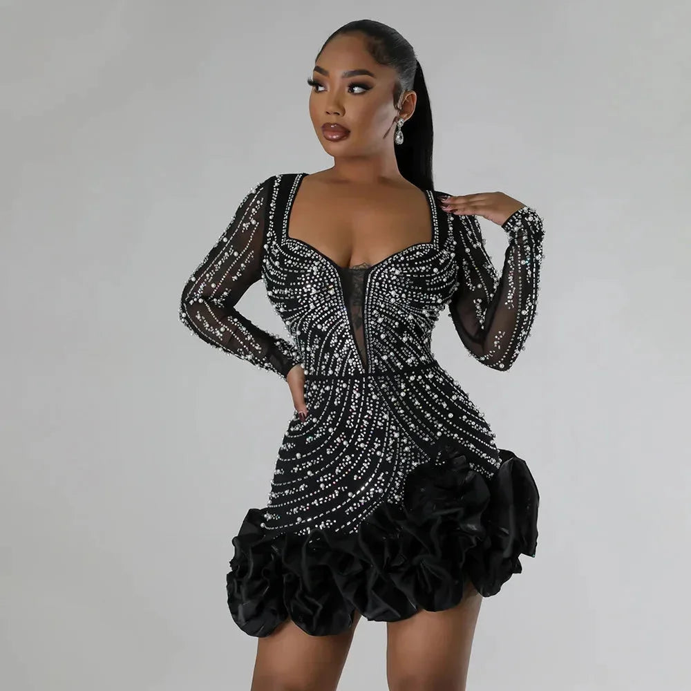 Women's Sequin Mini Dress - Long Sleeve - Deep V-Neck - Ruffle Hem