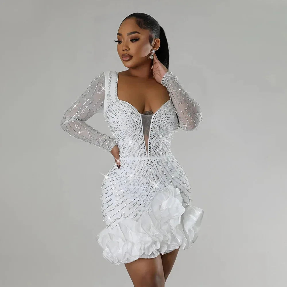 Women's Sequin Mini Dress - Long Sleeve - Deep V-Neck - Ruffle Hem