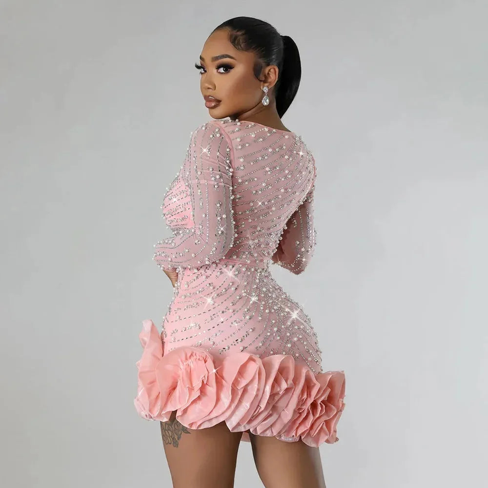 Women's Sequin Mini Dress - Long Sleeve - Deep V-Neck - Ruffle Hem