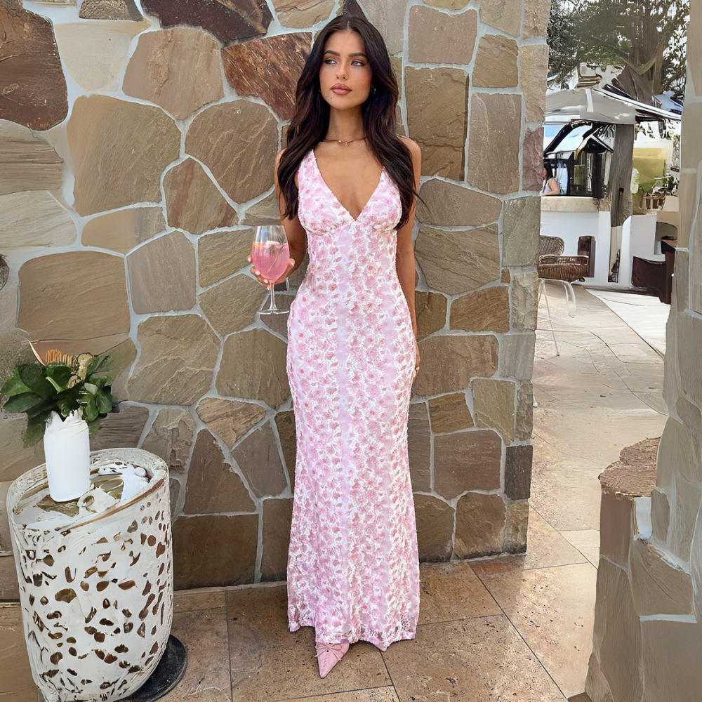 Women's Floral Lace Maxi Dress - V-Neck Open Back - Wedding Guest