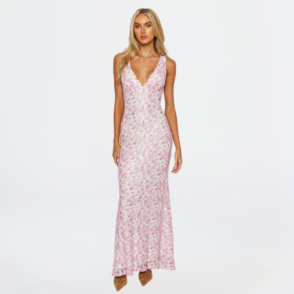 Women's Floral Lace Maxi Dress - V-Neck Open Back - Wedding Guest