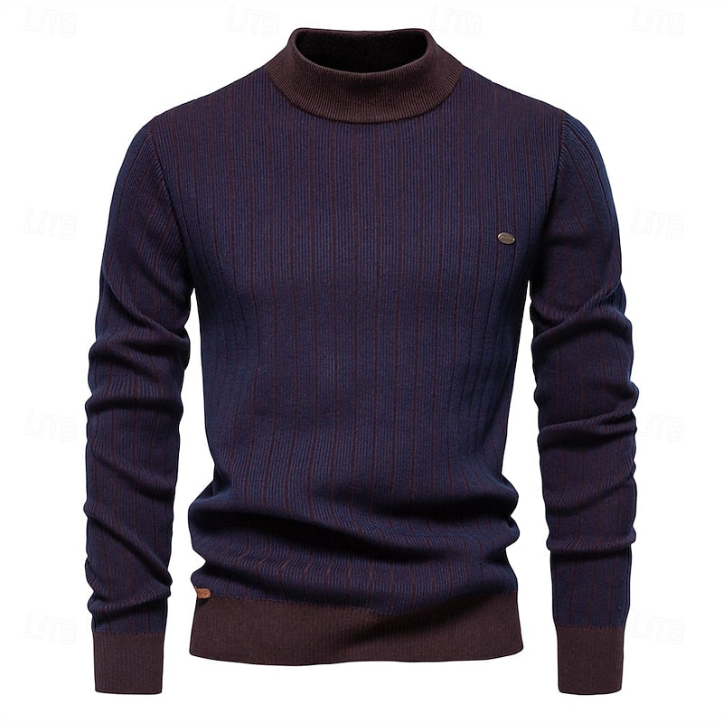 Vertical Ribbed Mock Neck Sweater with Tailored Fit for Cold Weather